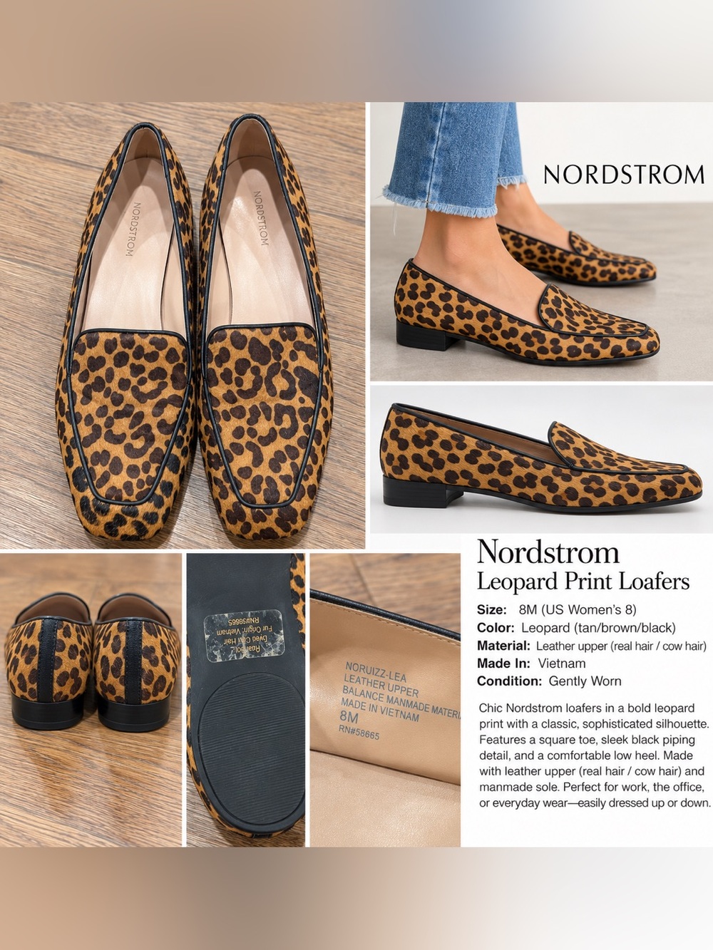 Nordstrom Leopard Print Genuine Haircalf Loafers Size 8M